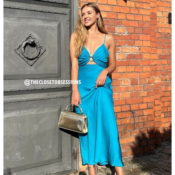 ZARA Metal Detail Cutout Midi Dress NWT – Turquoise V-Neck Blogger Fave, Size M - Picture 6 of 16